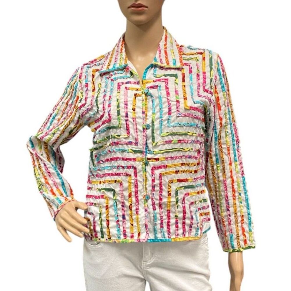 LIFE STYLE Petite Multicolored Colorful Ribbon Embroidered Funky Art Jacket Sz S